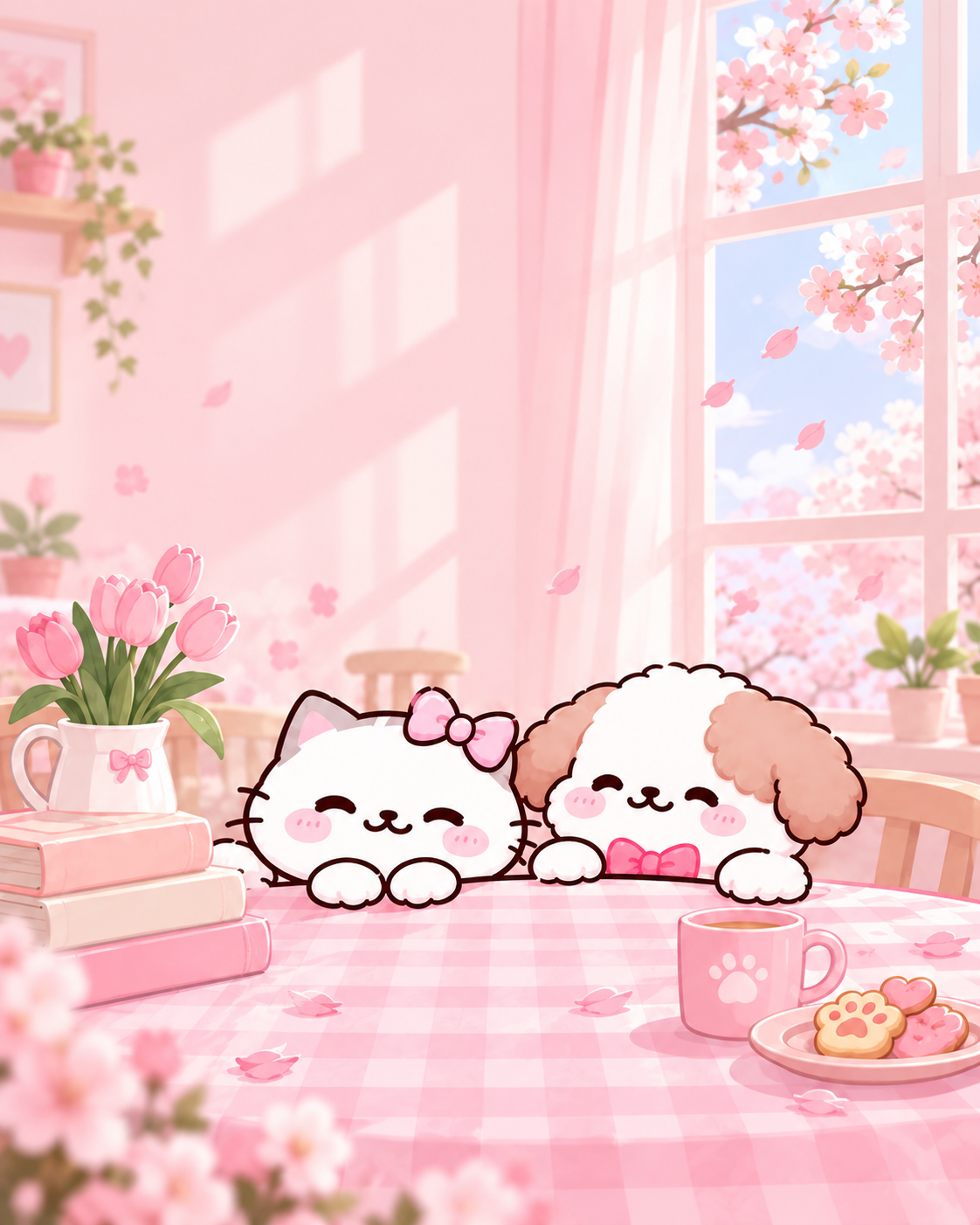 粉色小屋里的猫咪和小狗